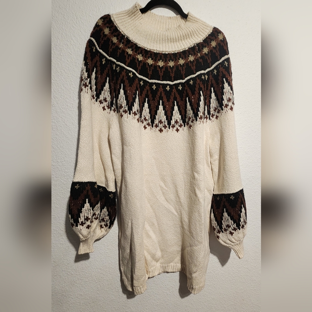 Free People Cream and Brown Geometric Sweater
